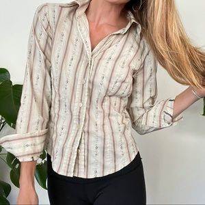 Anne Klein 4 Tan Stretch Western Print Button Down Shirt